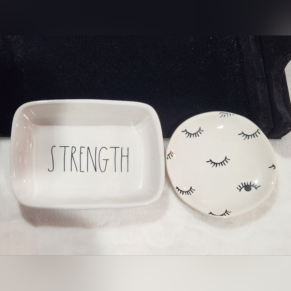 Rae Dunn By Magenta Artisan Collection Bundle: Eyelash & Strenght Trinket Dishes